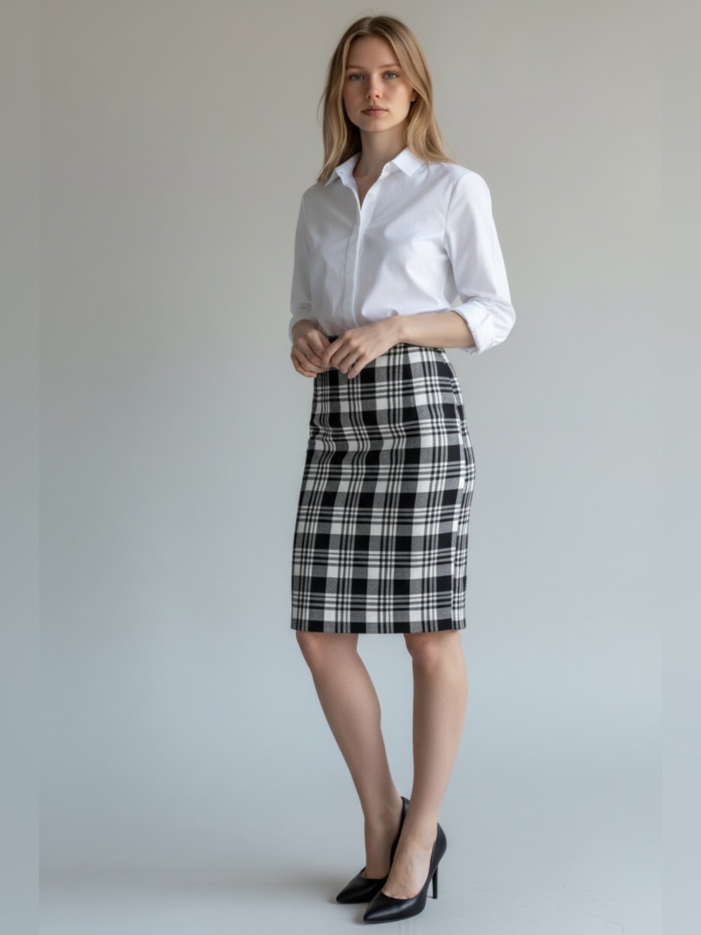Nine West Black and White Plaid Pencil Skirt Size 6